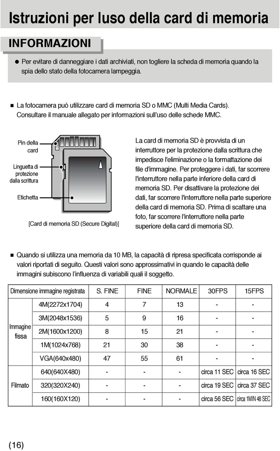 Pin della card Linguetta di protezione dalla scrittura Etichetta [Card di memoria SD (Secure Digital)] La card di memoria SD è provvista di un interruttore per la protezione dalla scrittura che