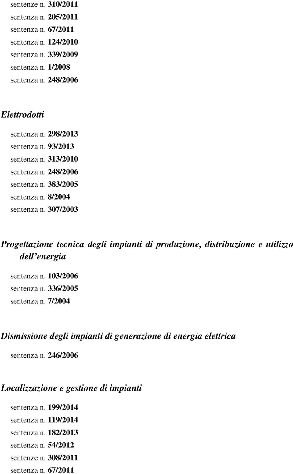 307/2003 Progettazione tecnica degli impianti di produzione, distribuzione e utilizzo dell energia sentenza n. 103/2006 sentenza n. 336/2005 sentenza n.