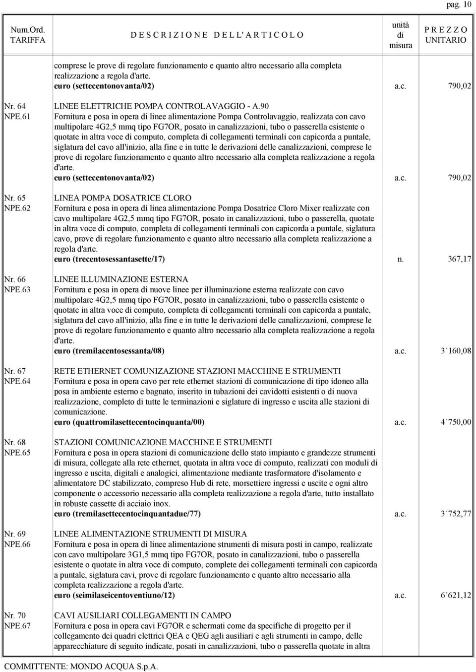 voce computo, completa collegamenti terminali con capicorda a puntale, euro (settecentonovanta/02) a.c. 790,02 Nr. 65 NPE.62 Nr. 66 NPE.63 Nr. 67 NPE.64 Nr. 68 NPE.65 Nr. 69 NPE.66 Nr. 70 NPE.