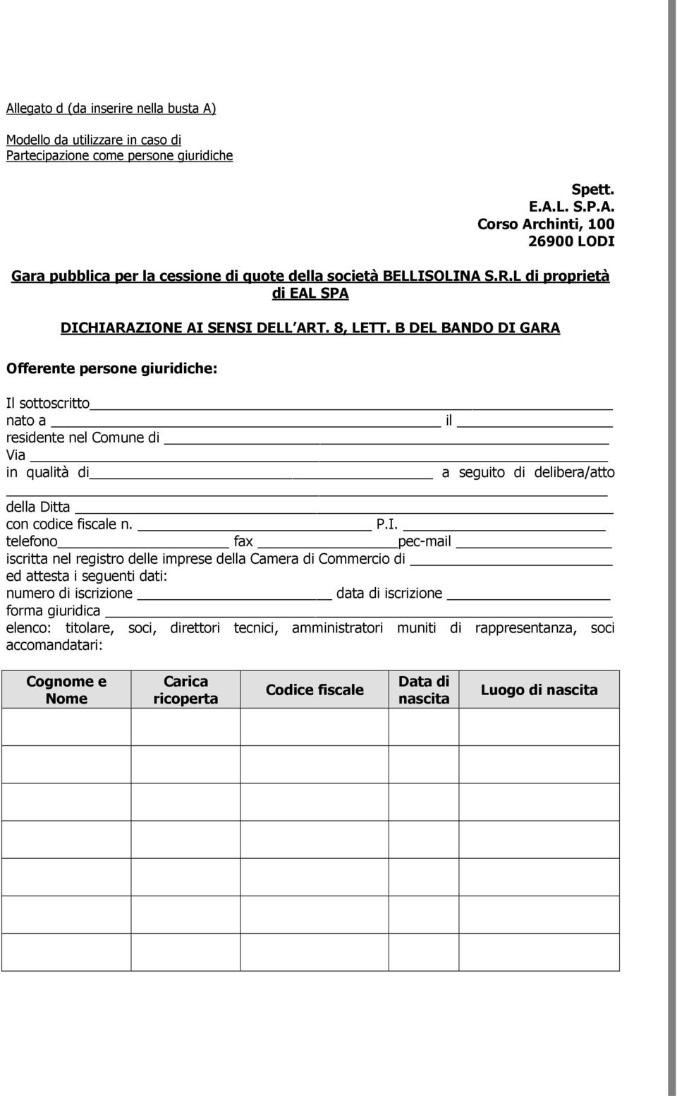 B DEL BANDO DI GARA Offerente persone giuridiche: Il sottoscritto in qualità di_ a seguito di delibera/atto della Ditta iscritta nel registro delle imprese della Camera di Commercio di ed