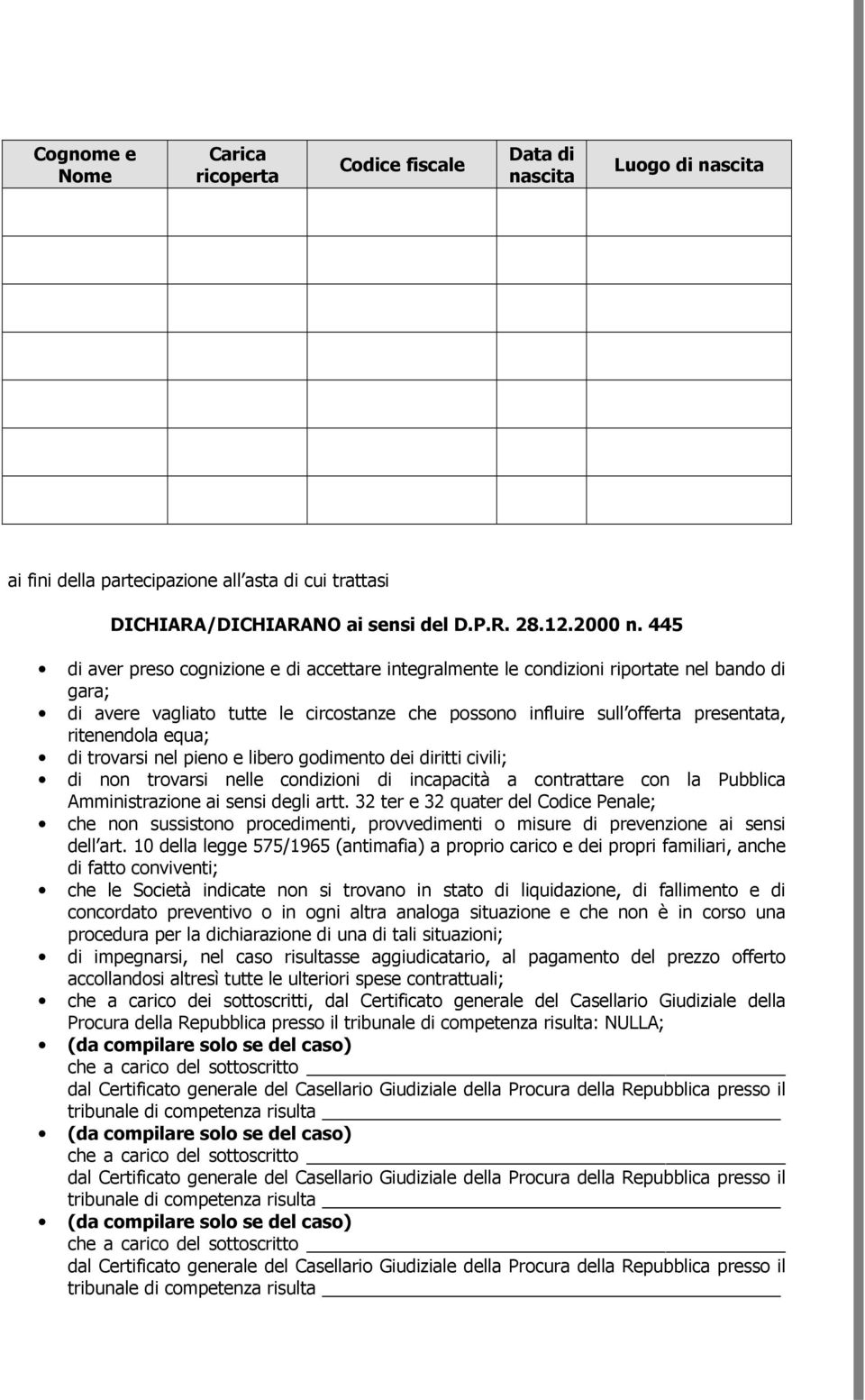 equa; di trovarsi nel pieno e libero godimento dei diritti civili; di non trovarsi nelle condizioni di incapacità a contrattare con la Pubblica Amministrazione ai sensi degli artt.