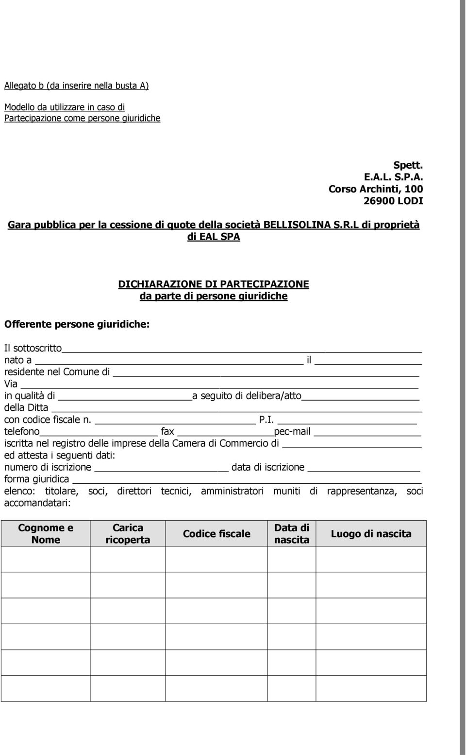 Ditta iscritta nel registro delle imprese della Camera di Commercio di ed attesta i seguenti dati: numero di iscrizione data di iscrizione forma giuridica elenco: titolare, soci,