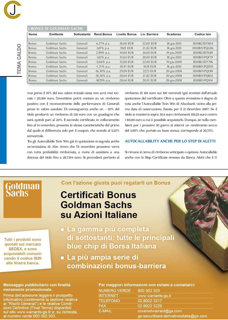 a. 32,00 EUR 22,00 EUR 19-giu-2009 JE00B23DT796 Bonus Goldman Sachs Generali -1,31% p.a. 30,91 EUR 18,18 EUR 18-giu-2010 JE00B1VPQD55 Bonus Goldman Sachs Generali -16,30% p.a. 29,09 EUR 22,73 EUR 20-giu-2008 JE00B1VPQC49 Bonus Goldman Sachs Generali -18,34% p.