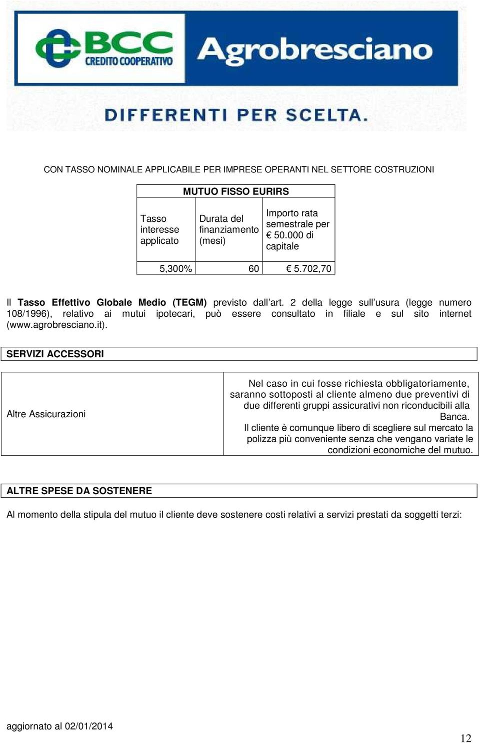 2 della legge sull usura (legge numero 108/1996), relativo ai mutui ipotecari, può essere consultato in filiale e sul sito internet (www.agrobresciano.it).