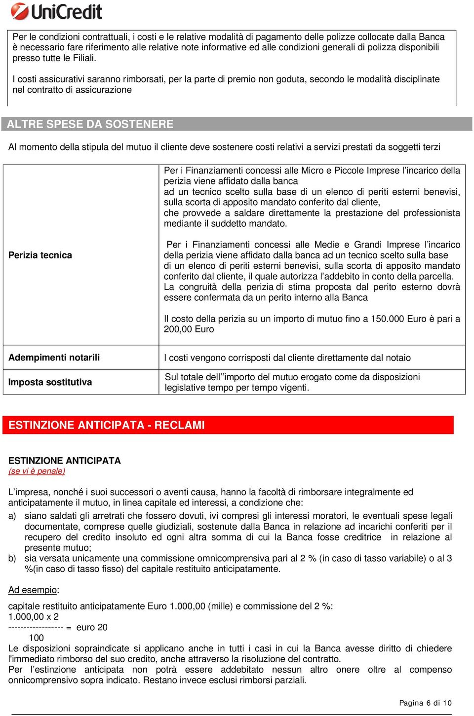 I costi assicurativi saranno rimborsati, per la parte di premio non goduta, secondo le modalità disciplinate nel contratto di assicurazione ALTRE SPESE DA SOSTENERE Al momento della stipula del mutuo