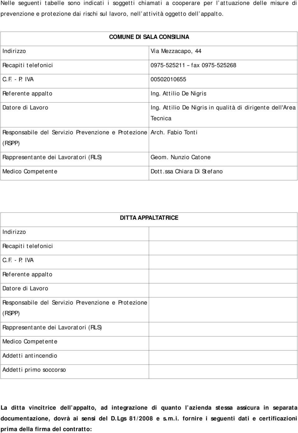 IVA 00502010655 Referente appalto Datore di Lavoro Responsabile del Servizio Prevenzione e Protezione (RSPP) Rappresentante dei Lavoratori (RLS) Medico Competente Ing. Attilio De Nigris Ing.