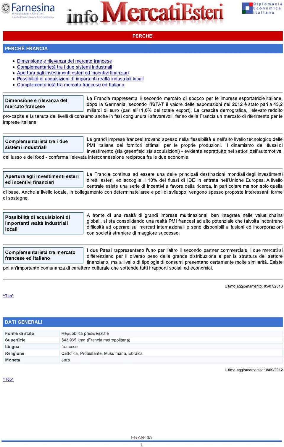 esportatricie italiane, dopo la Germania; secondo l ISTAT il valore delle esportazioni nel 2012 è stato pari a 43,2 miliardi di euro (pari all 11,6% del totale export).