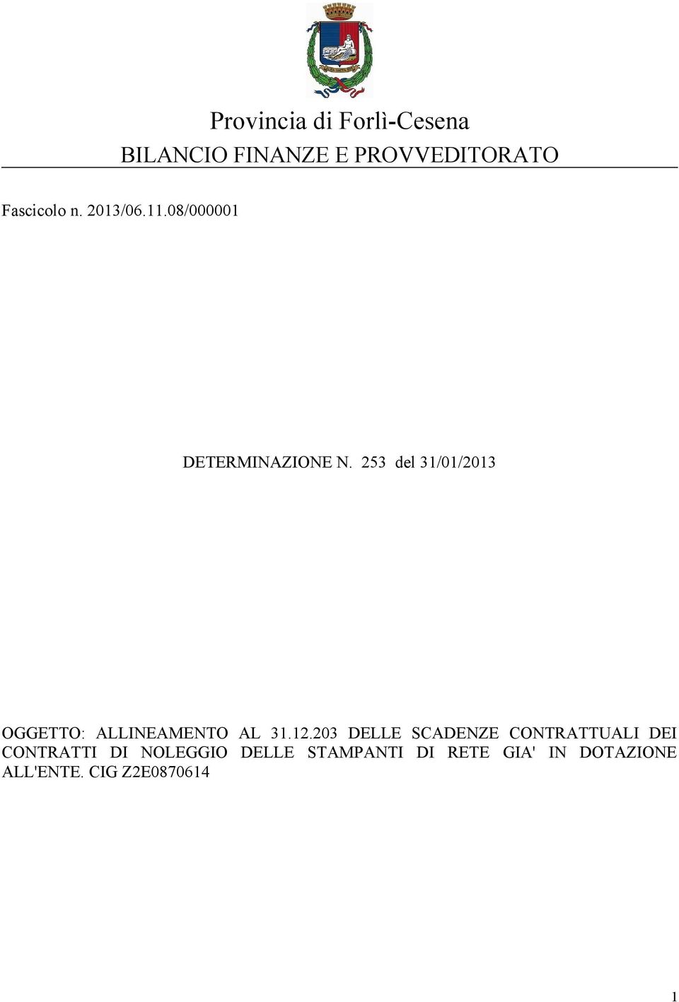 253 del 31/01/2013 OGGETTO: ALLINEAMENTO AL 31.12.