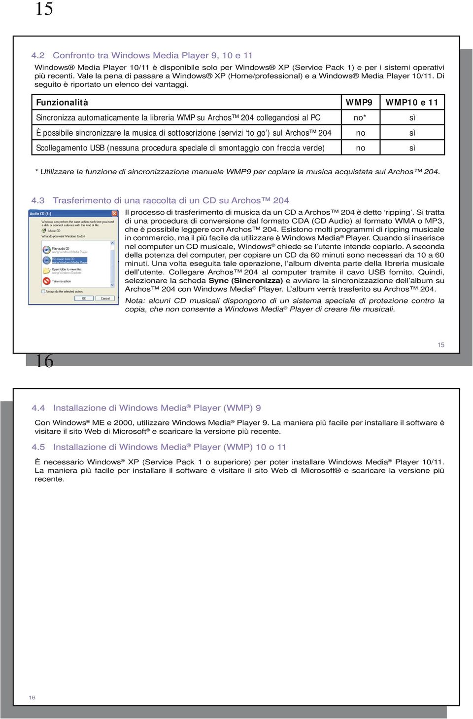 Funzionalità WMP9 WMP10 e 11 Sincronizza automaticamente la libreria WMP su Archos 204 collegandosi al PC no* sì È possibile sincronizzare la musica di sottoscrizione (servizi to go ) sul Archos 204