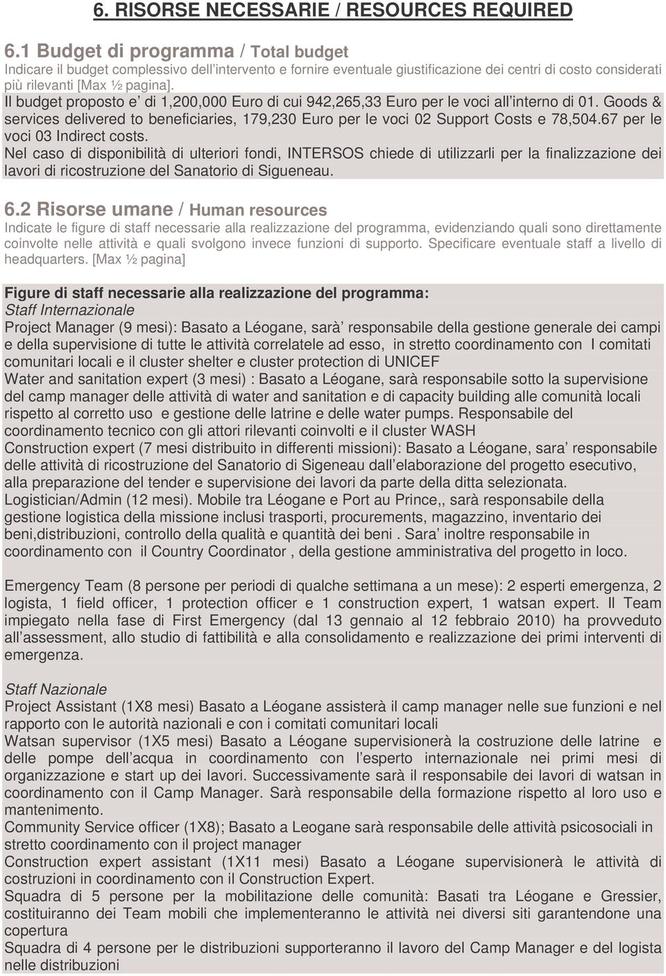 Il budget proposto e di 1,200,000 Euro di cui 942,265,33 Euro per le voci all interno di 01. Goods & services delivered to beneficiaries, 179,230 Euro per le voci 02 Support Costs e 78,504.