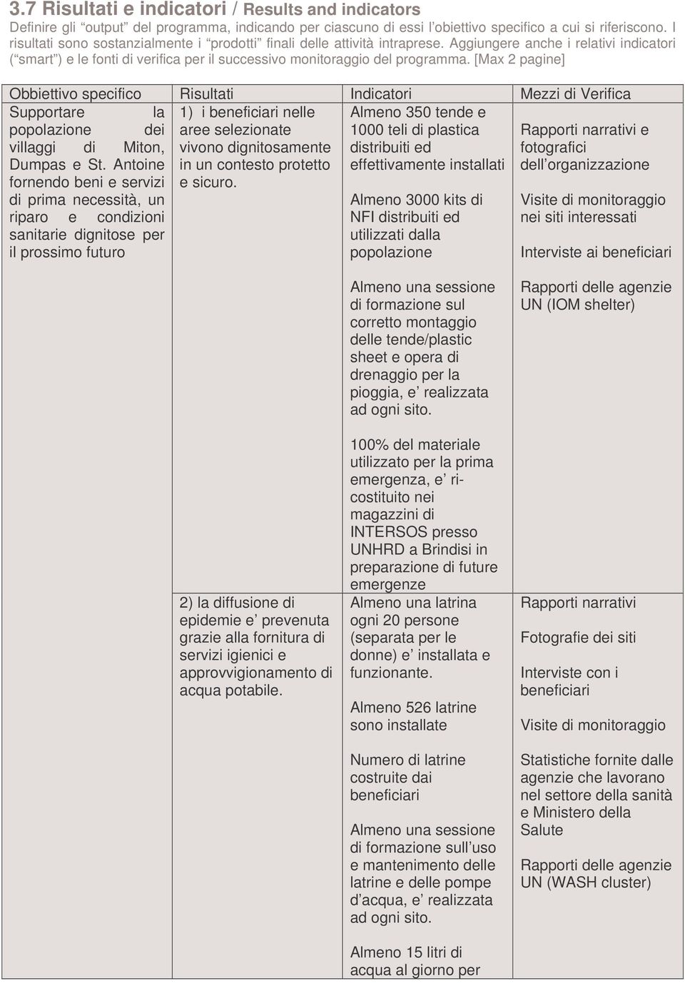 [Max 2 pagine] Obbiettivo specifico Risultati Indicatori Mezzi di Verifica Supportare la 1) i beneficiari nelle Almeno 350 tende e popolazione dei aree selezionate 1000 teli di plastica Rapporti