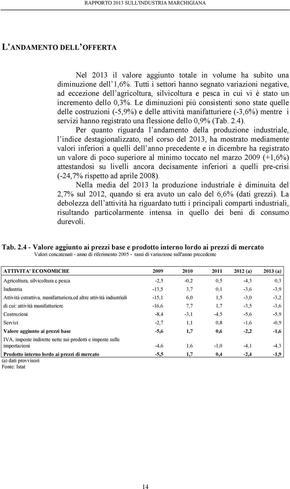 Le diminuzioni più consistenti sono state quelle delle costruzioni (-5,9%) e delle attività manifatturiere (-3,6%) mentre i servizi hanno registrato una flessione dello 0,9% (Tab. 2.4).