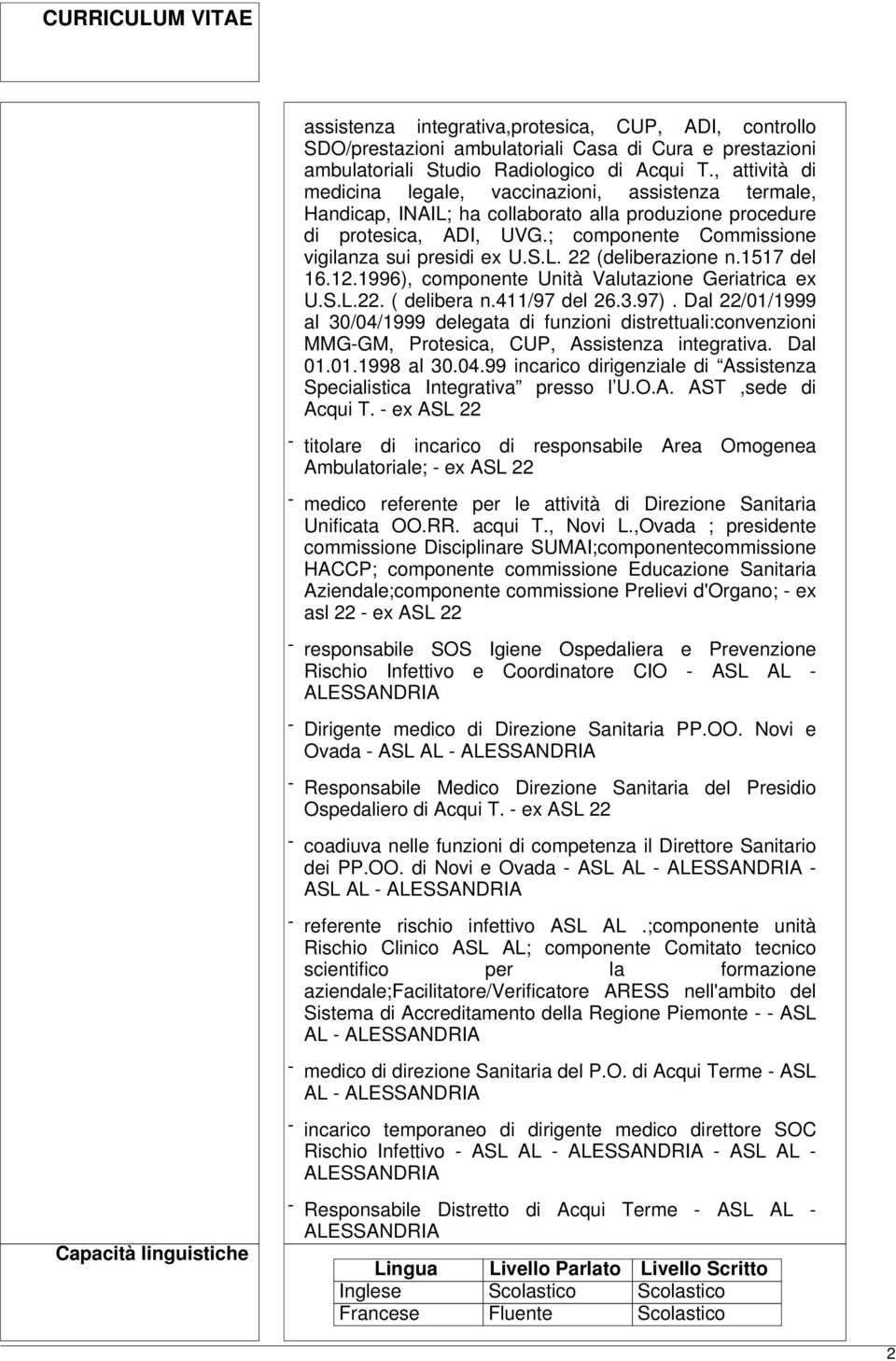 L. 22 (deliberazione n.1517 del 16.12.1996), componente Unità Valutazione Geriatrica ex U.S.L.22. ( delibera n.411/97 del 26.3.97).