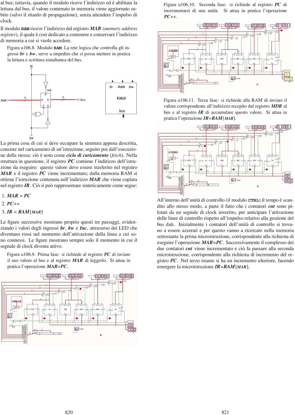 Figura u106.8. Modulo RAM. La rete logica che controlla gli ingressi br e bw, serve a impedire che si possa mettere in pratica la lettura e scrittura simultanea del bus. Figura u106.10. Seconda fase: si richiede al registro PC di incrementarsi di una unità.