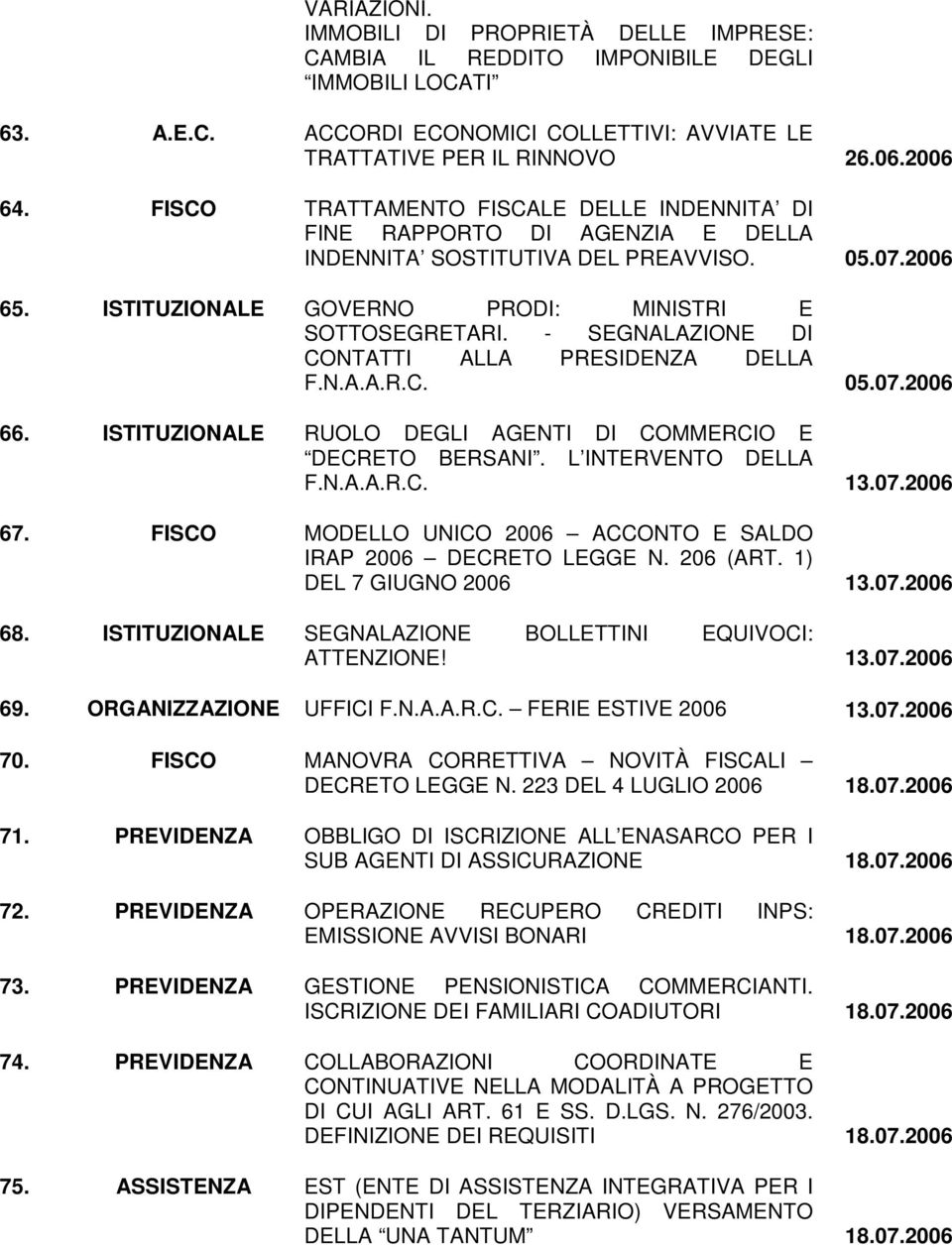 - SEGNALAZIONE DI CONTATTI ALLA PRESIDENZA DELLA F.N.A.A.R.C. 05.07.2006 66. ISTITUZIONALE RUOLO DEGLI AGENTI DI COMMERCIO E DECRETO BERSANI. L INTERVENTO DELLA F.N.A.A.R.C. 13.07.2006 67.