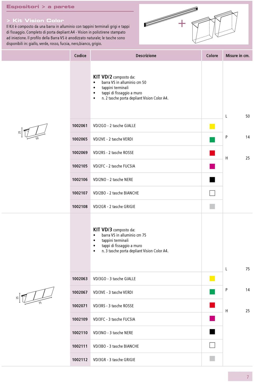 Il profilo della Barra VS è anodizzato naturale; le tasche sono disponibili in: giallo, verde, rosso, fucsia, nero,bianco, grigio. + Codice Descrizione Colore Misure in cm.