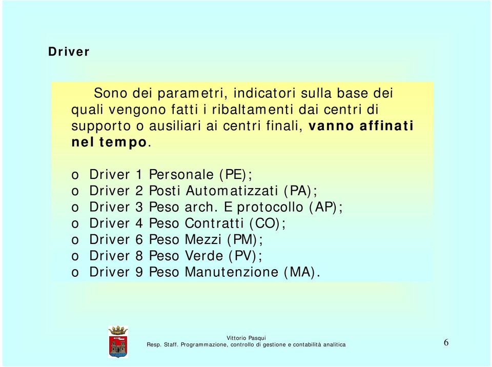 o Driver 1 Personale (PE); o Driver 2 Posti Automatizzati (PA); o Driver 3 Peso arch.