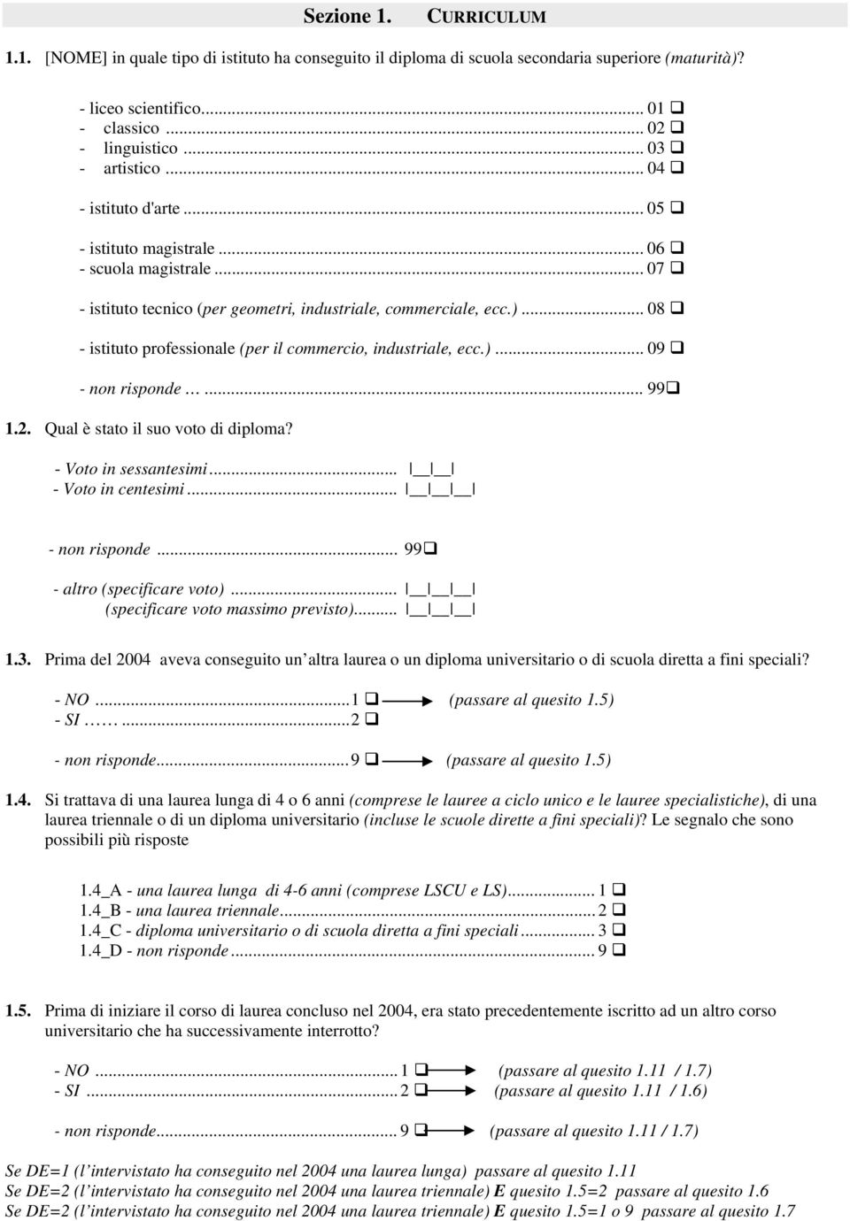 .. 08 - istituto professionale (per il commercio, industriale, ecc.)... 09 - non risponde... 99 1.2. Qual è stato il suo voto di diploma? - Voto in sessantesimi... - Voto in centesimi... - non risponde... 99 - altro (specificare voto).