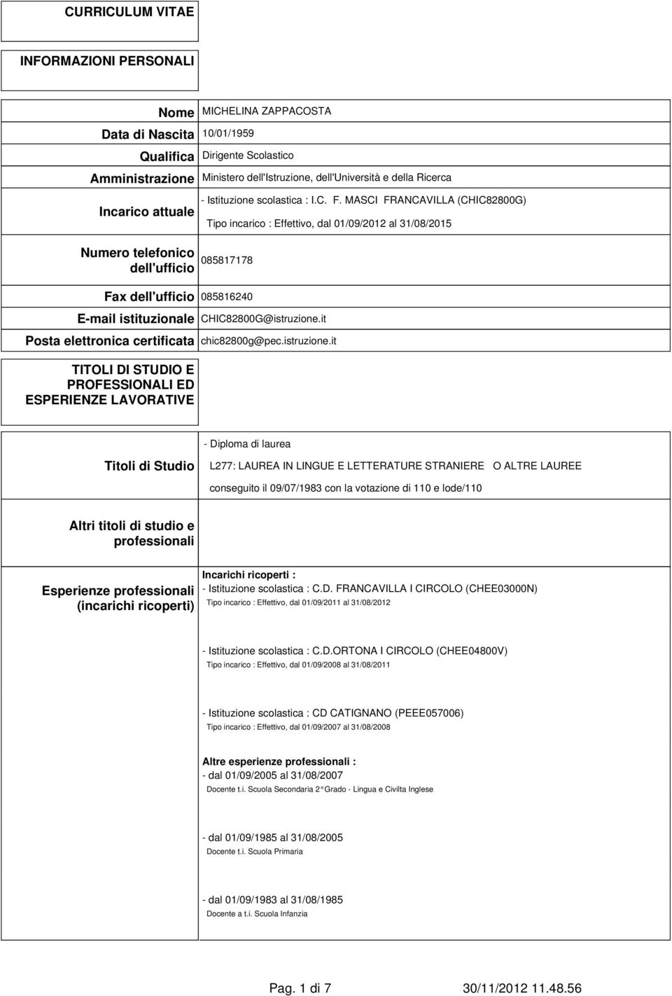 MASCI FRANCAVILLA (CHIC82800G) Tipo incarico : Effettivo, dal 01/09/2012 al 31/08/2015 Numero telefonico dell'ufficio 085817178 Fax dell'ufficio 085816240 E-mail istituzionale CHIC82800G@istruzione.