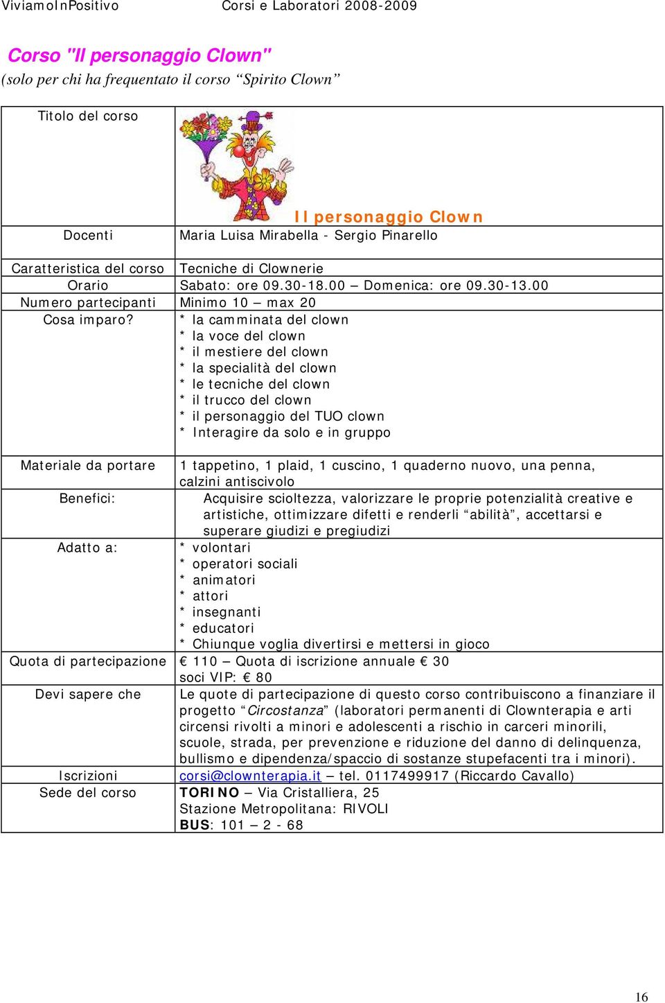 * la camminata del clown * la voce del clown * il mestiere del clown * la specialità del clown * le tecniche del clown * il trucco del clown * il personaggio del TUO clown * Interagire da solo e in