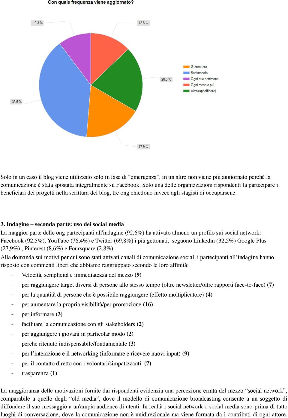 Indagine seconda parte: uso dei social media La maggior parte delle ong partecipanti all'indagine (92,6%) ha attivato almeno un profilo sui social network: Facebook (92,5%), YouTube (76,4%) e Twitter