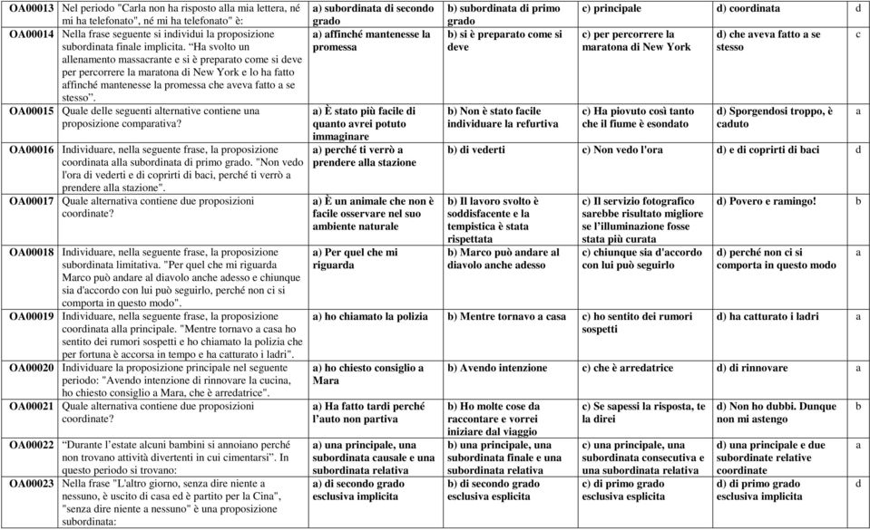 OA00015 Qule elle seguenti lterntive ontiene un proposizione omprtiv? OA00016 Iniviure, nell seguente frse, l proposizione oorint ll suorint i primo gro.