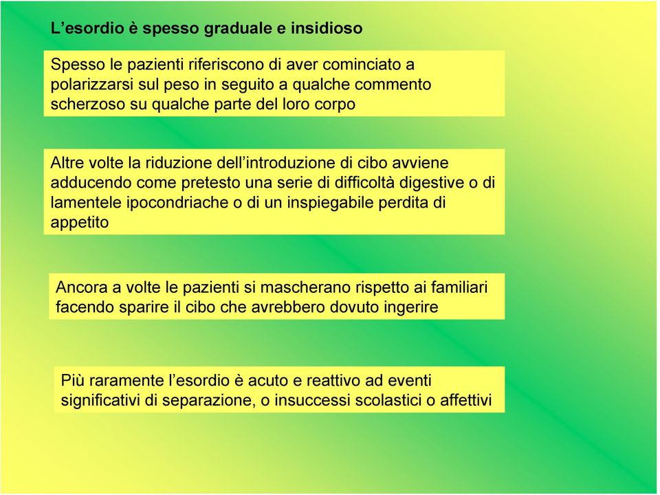 digestive o di lamentele ipocondriache o di un inspiegabile perdita di appetito Ancora a volte le pazienti si mascherano rispetto ai familiari facendo