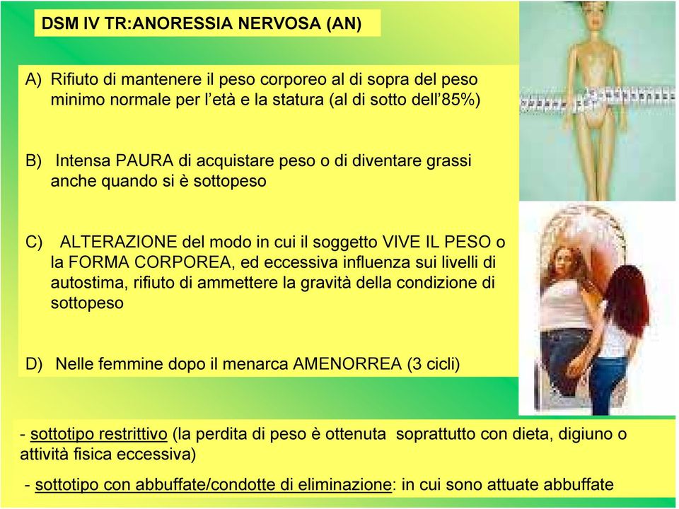 influenza sui livelli di autostima, rifiuto di ammettere la gravità della condizione di sottopeso D) Nelle femmine dopo il menarca AMENORREA (3 cicli) - sottotipo