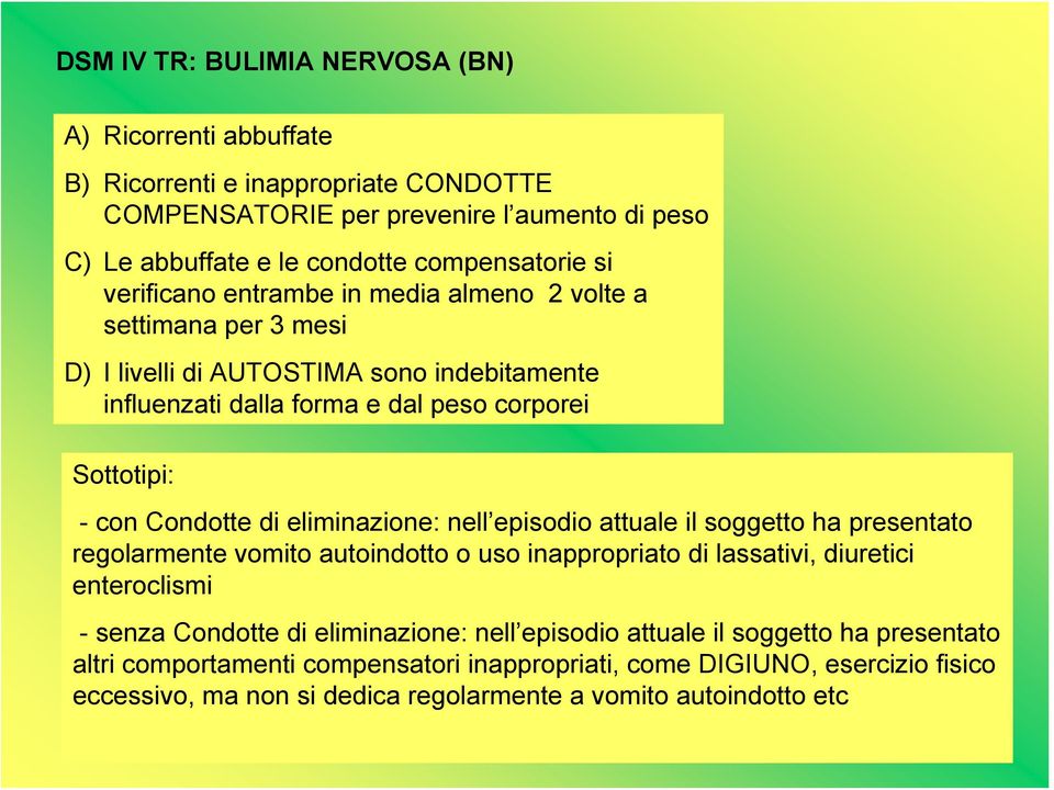 eliminazione: nell episodio attuale il soggetto ha presentato regolarmente vomito autoindotto o uso inappropriato di lassativi, diuretici enteroclismi - senza Condotte di eliminazione: