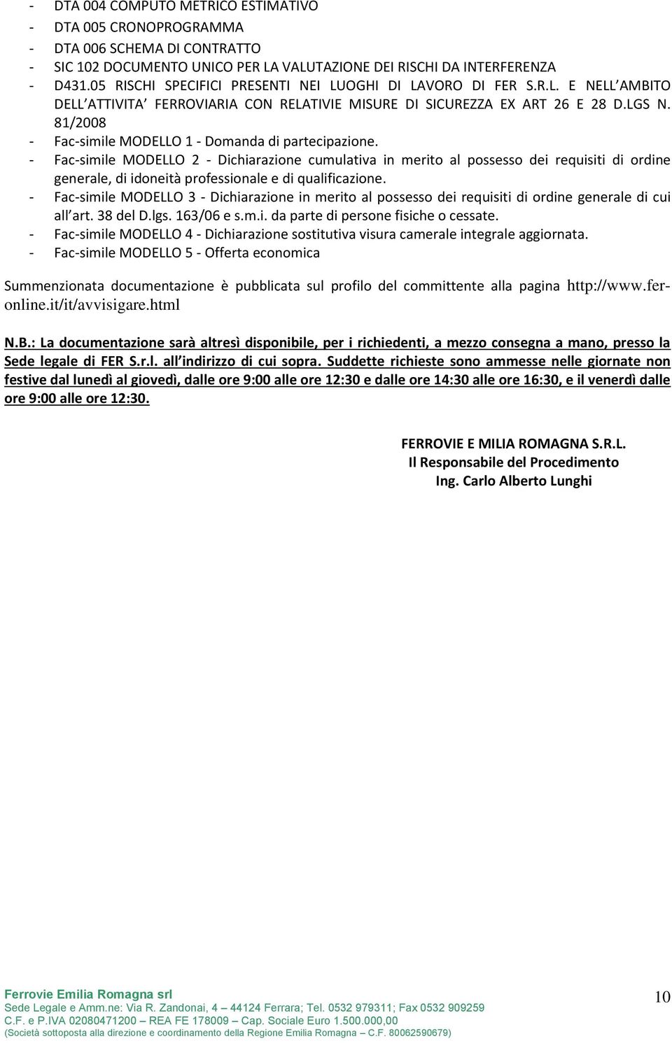 81/2008 - Fac-simile MODELLO 1 - Domanda di partecipazione.