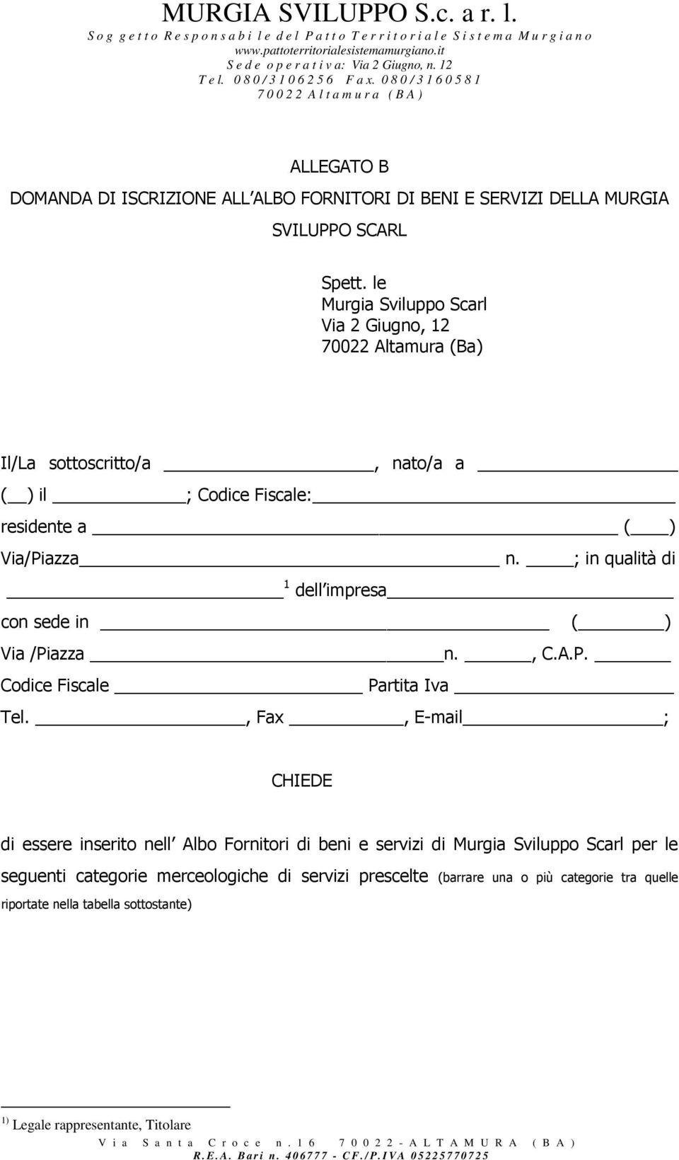 ; in qualità di 1 dell impresa con sede in ( ) Via /Piazza n., C.A.P. Codice Fiscale Partita Iva Tel.