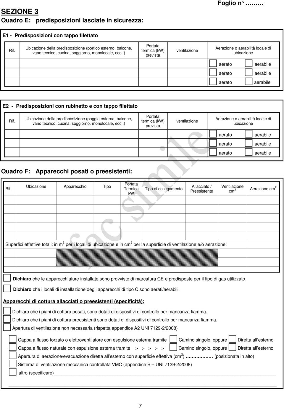 .) Portata termica (kw) prevista ventilazione Aerazione o aerabilità locale di ubicazione aerato aerato aerato aerabile aerabile aerabile E2 - Predisposizioni con rubinetto e con tappo filettato Rif.