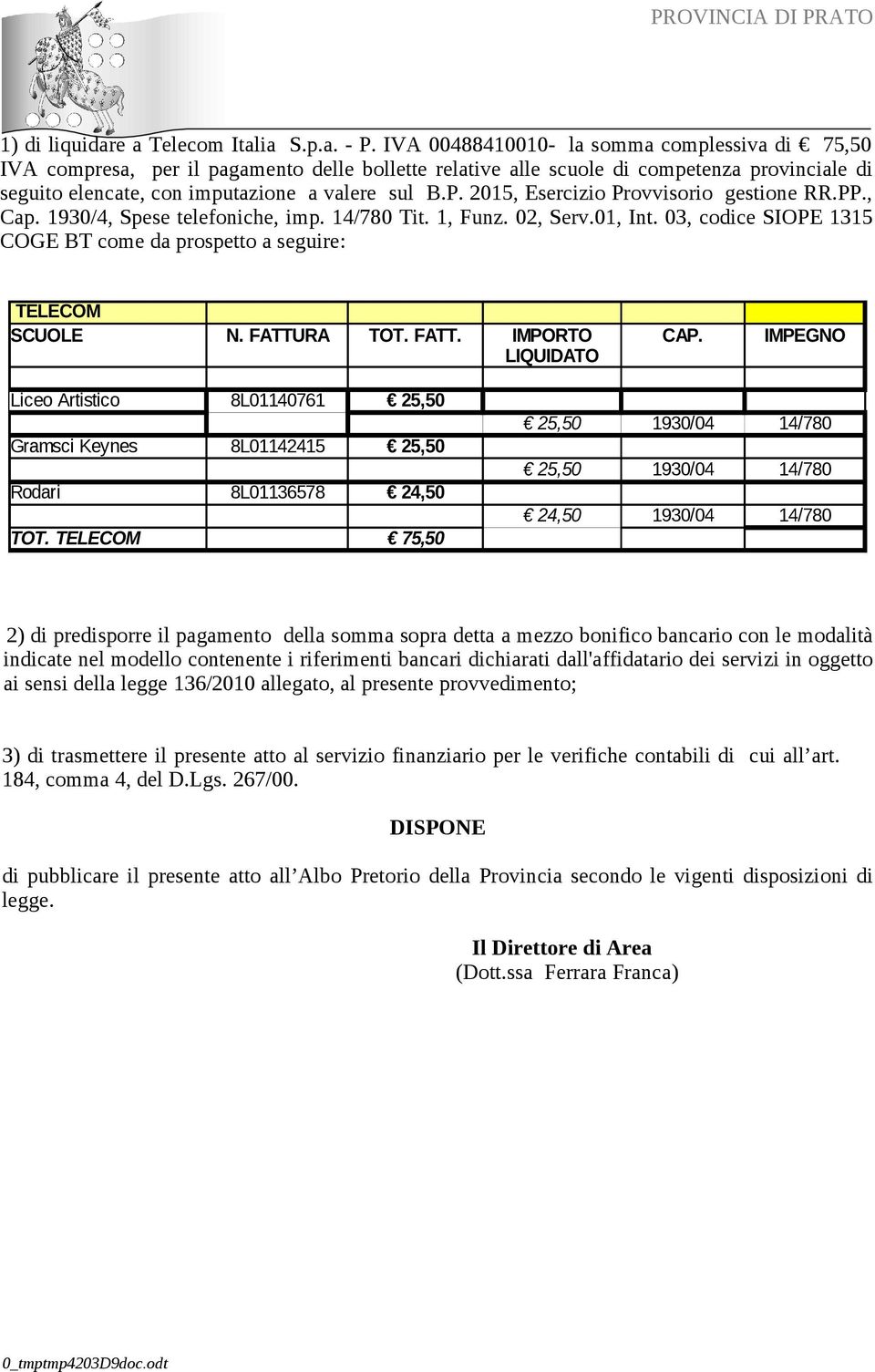 2015, Esercizio Provvisorio gestione RR.PP., Cap. 1930/4, Spese telefoniche, imp. 14/780 Tit. 1, Funz. 02, Serv.01, Int. 03, codice SIOPE 1315 COGE BT come da prospetto a seguire: TELECOM SCUOLE N.