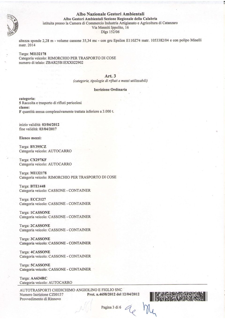 EXXA2292 Art (categorie, tipoogie di rifiuti e mezzi utiizzabii) Iscrizione Ordinaria categoria: 5 Raccota e trasporto di rifiuti pericoosi casse: F quantità annua compessivamente traata inferiore a