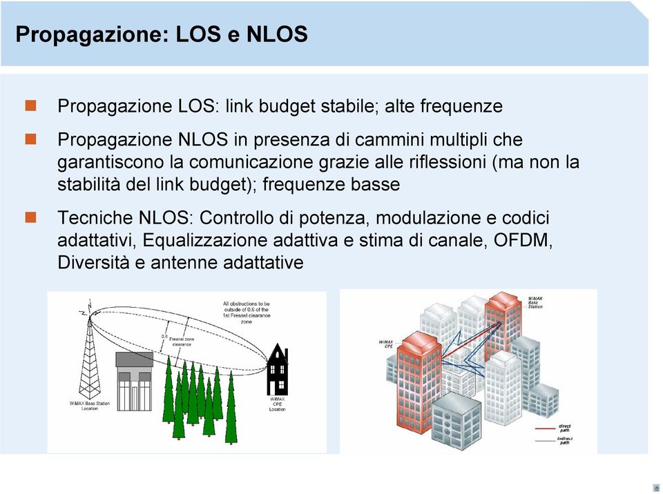 la stabilità del link budget); frequenze basse Tecniche NLOS: Controllo di potenza, modulazione e