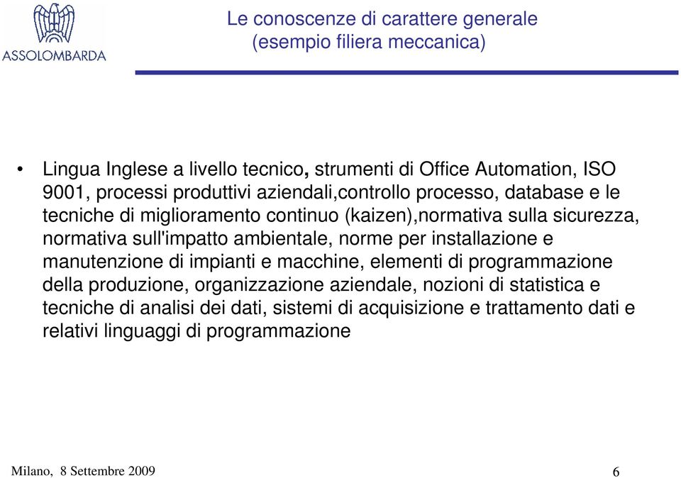 ambientale, norme per installazione e manutenzione di impianti e macchine, elementi di programmazione della produzione, organizzazione aziendale,