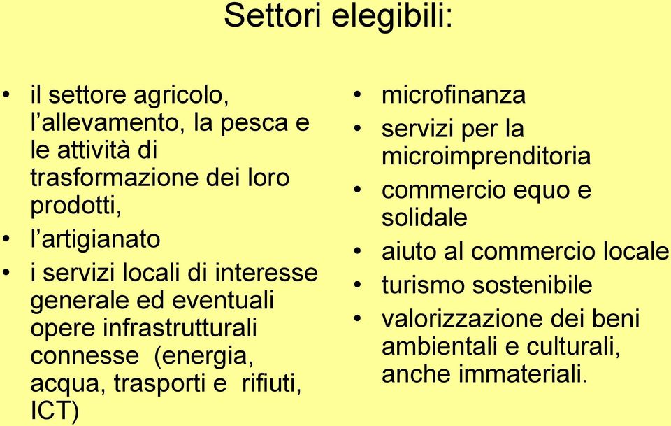 (energia, acqua, trasporti e rifiuti, ICT) microfinanza servizi per la microimprenditoria commercio equo e