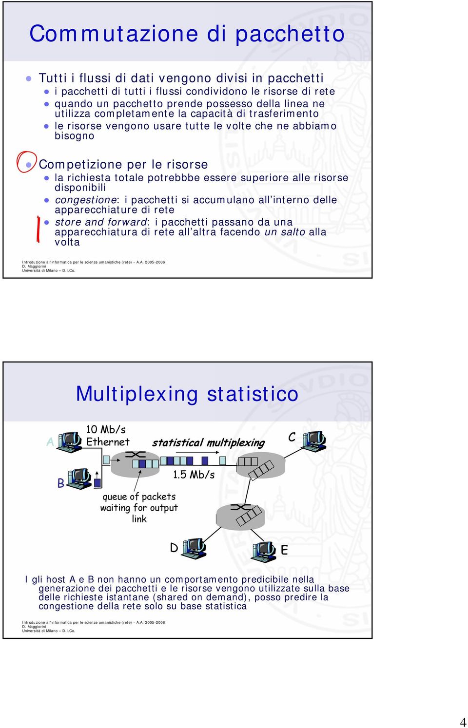 disponibili congestione: i pacchetti si accumulano all interno delle apparecchiature di rete store and forward: i pacchetti passano da una apparecchiatura di rete all altra facendo un salto alla