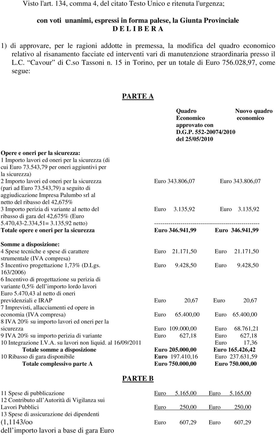 modifica del quadro economico relativo al risanamento facciate ed interventi vari di manutenzione straordinaria presso il L.C. Cavour di C.so Tassoni n. 15 in Torino, per un totale di Euro 756.