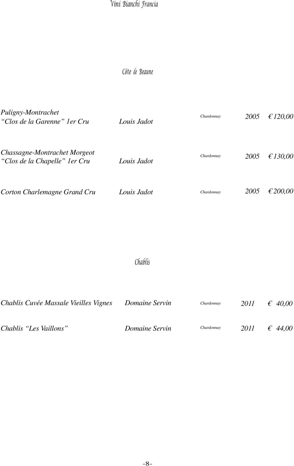 2005 130,00 Corton Charlemagne Grand Cru Louis Jadot Chardonnay 2005 200,00 Chablis Chablis Cuvée