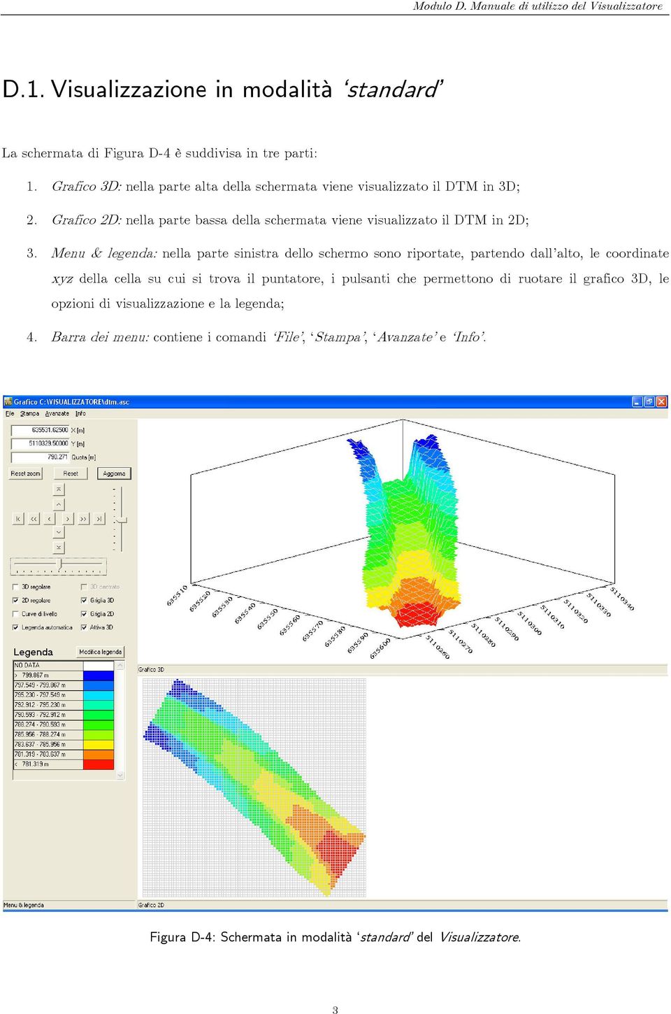 Grafico 2D: nella parte bassa della schermata viene visualizzato il DTM in 2D; 3.