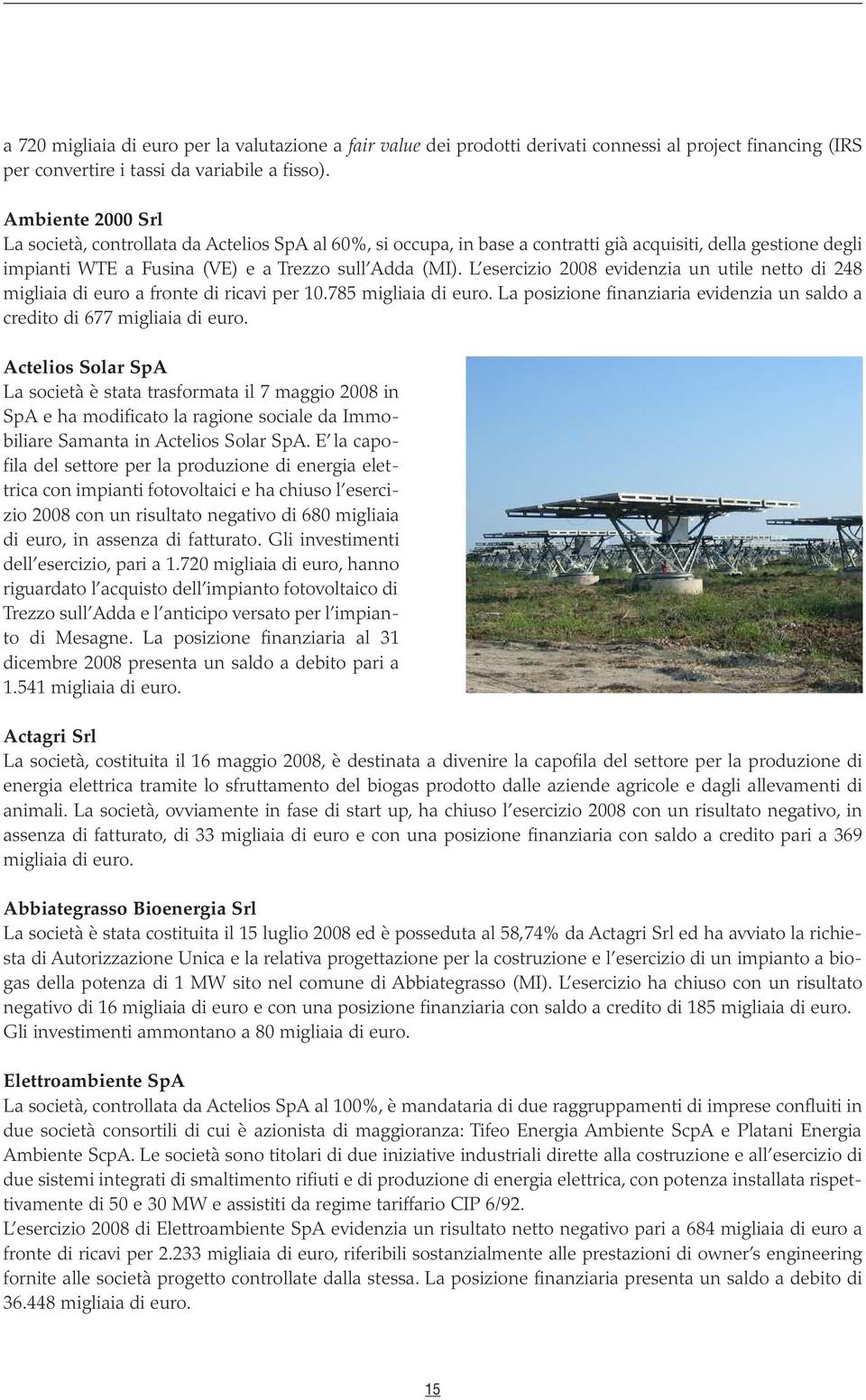 L esercizio 2008 evidenzia un utile netto di 248 migliaia di euro a fronte di ricavi per 10.785 migliaia di euro. La posizione finanziaria evidenzia un saldo a credito di 677 migliaia di euro.