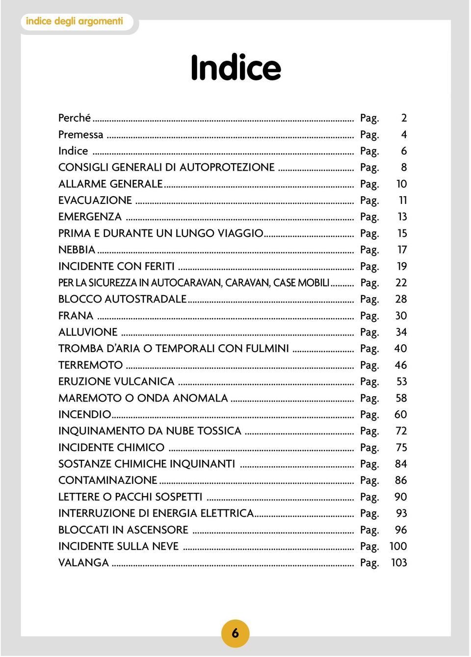 .. Pag. 40 TERREMOTO... Pag. 46 ERUZIONE VULCANICA... Pag. 53 MAREMOTO O ONDA ANOMALA... Pag. 58 INCENDIO... Pag. 60 INQUINAMENTO DA NUBE TOSSICA... Pag. 72 INCIDENTE CHIMICO... Pag. 75 SOSTANZE CHIMICHE INQUINANTI.