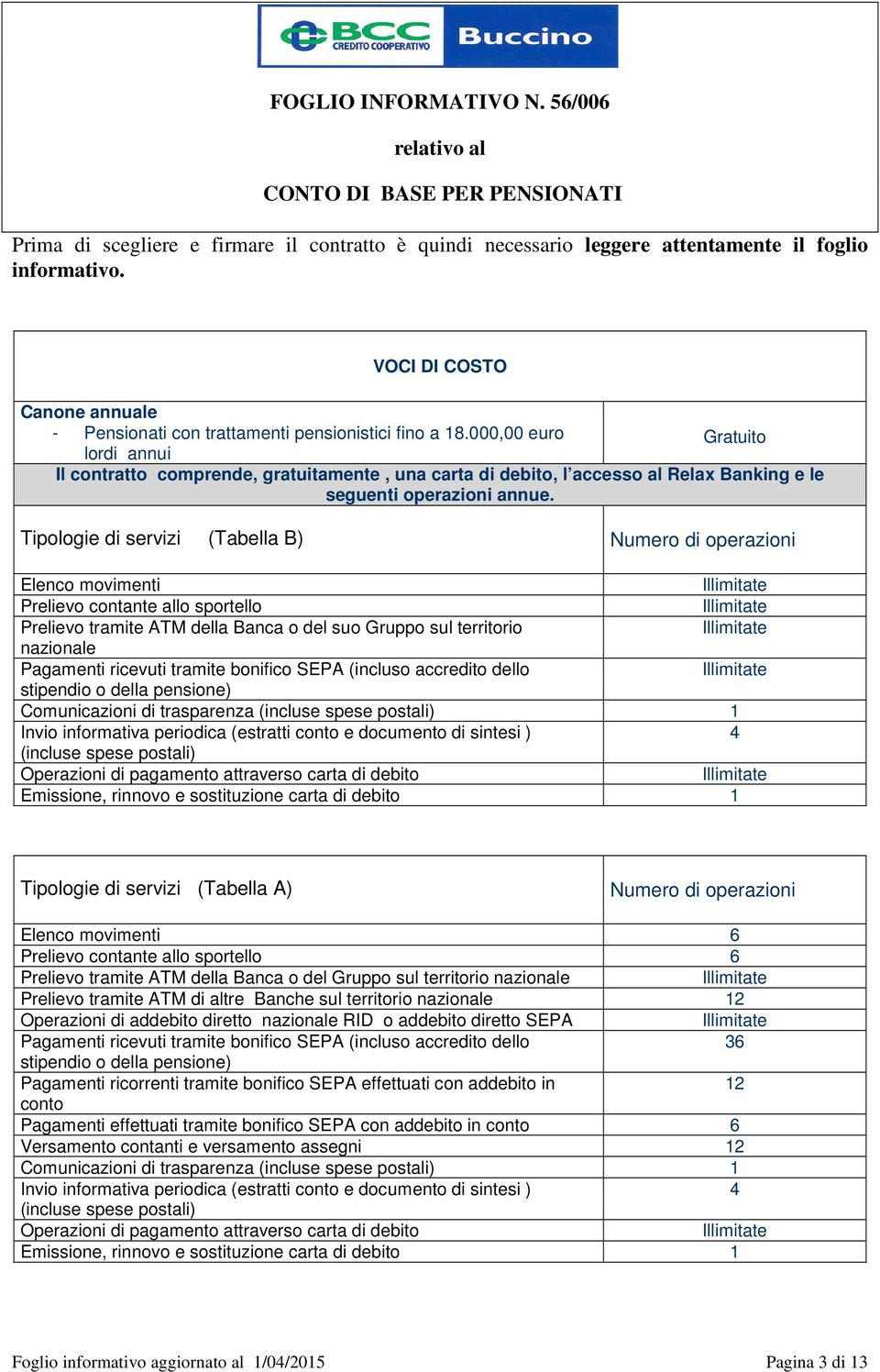 Tipologie di servizi (Tabella B) Numero di operazioni Elenco movimenti Prelievo contante allo sportello Prelievo tramite ATM della Banca o del suo Gruppo sul territorio nazionale Pagamenti ricevuti