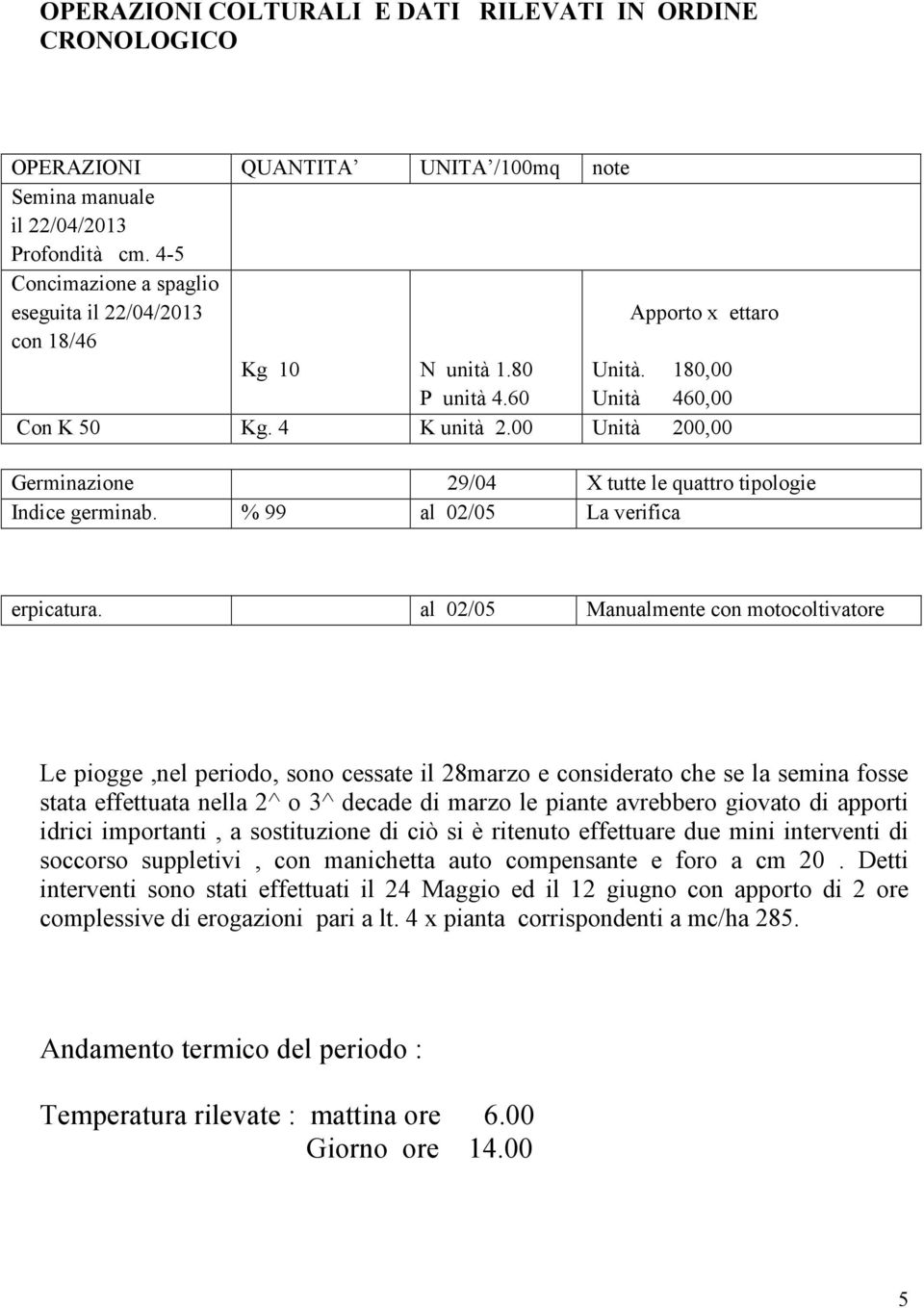 00 Unità 200,00 Germinazione 29/04 X tutte le quattro tipologie Indice germinab. % 99 al 02/05 La verifica erpicatura.