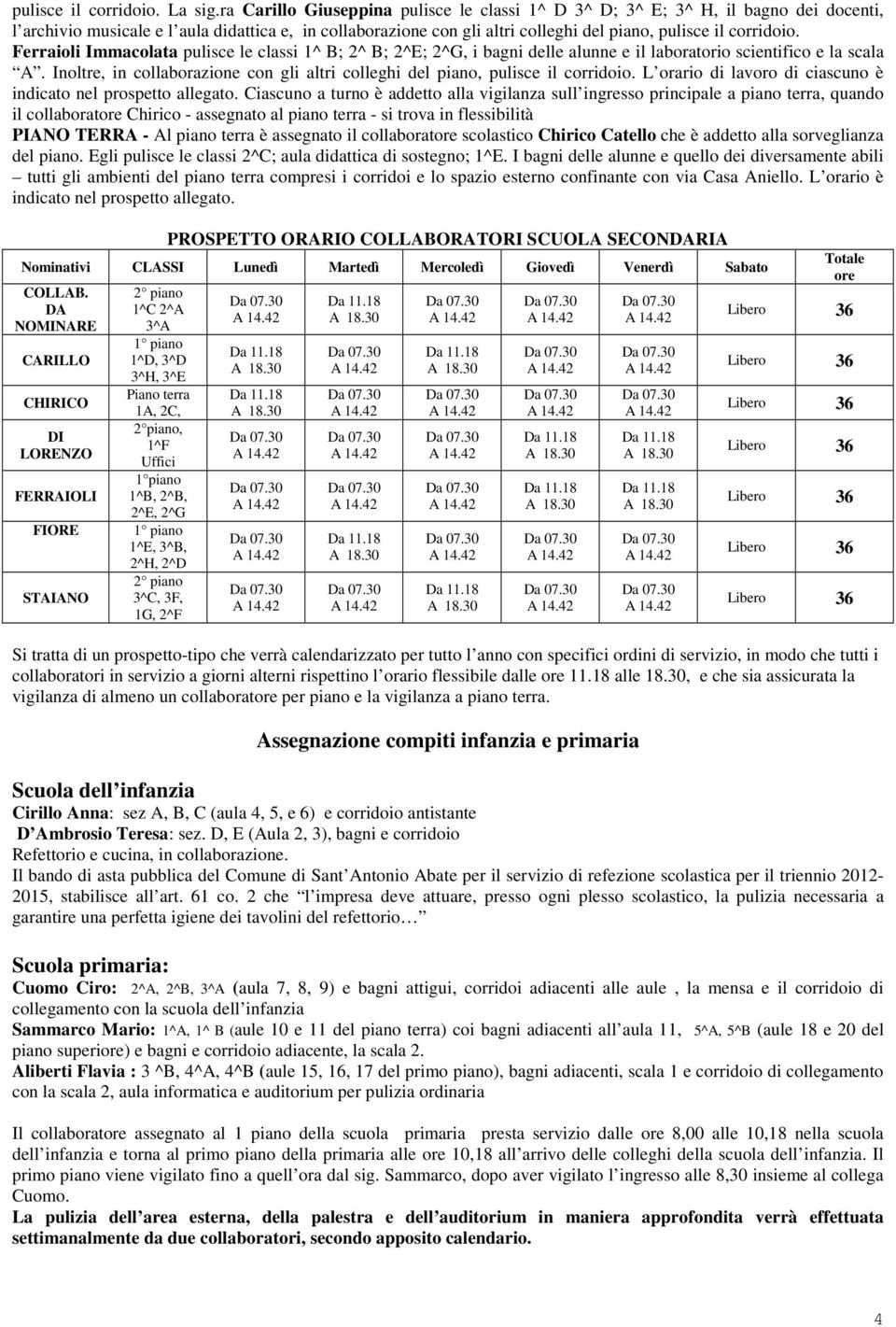 Ferraioli Immacolata pulisce le classi 1^ B; 2^ B; 2^E; 2^G, i bagni delle alunne e il laboratorio scientifico e la scala A.