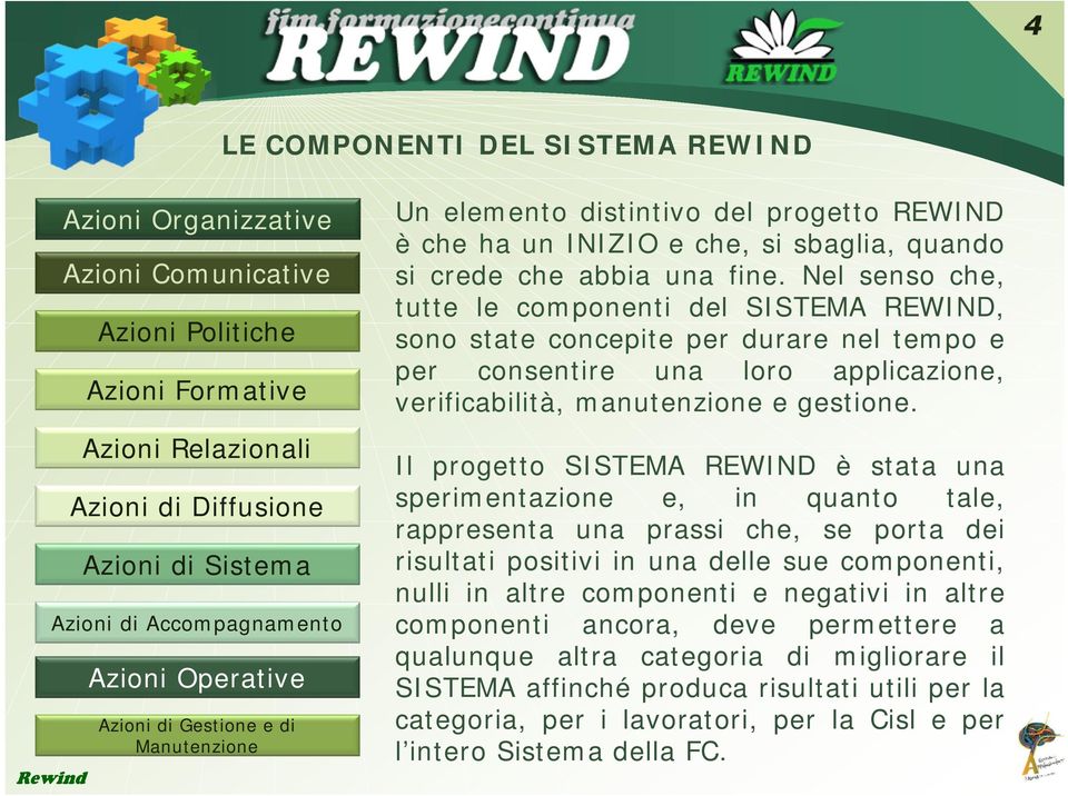 Nel senso che, tutte le componenti del SISTEMA REWIND, sono state concepite per durare nel tempo e per consentire una loro applicazione, verificabilità, manutenzione e gestione.