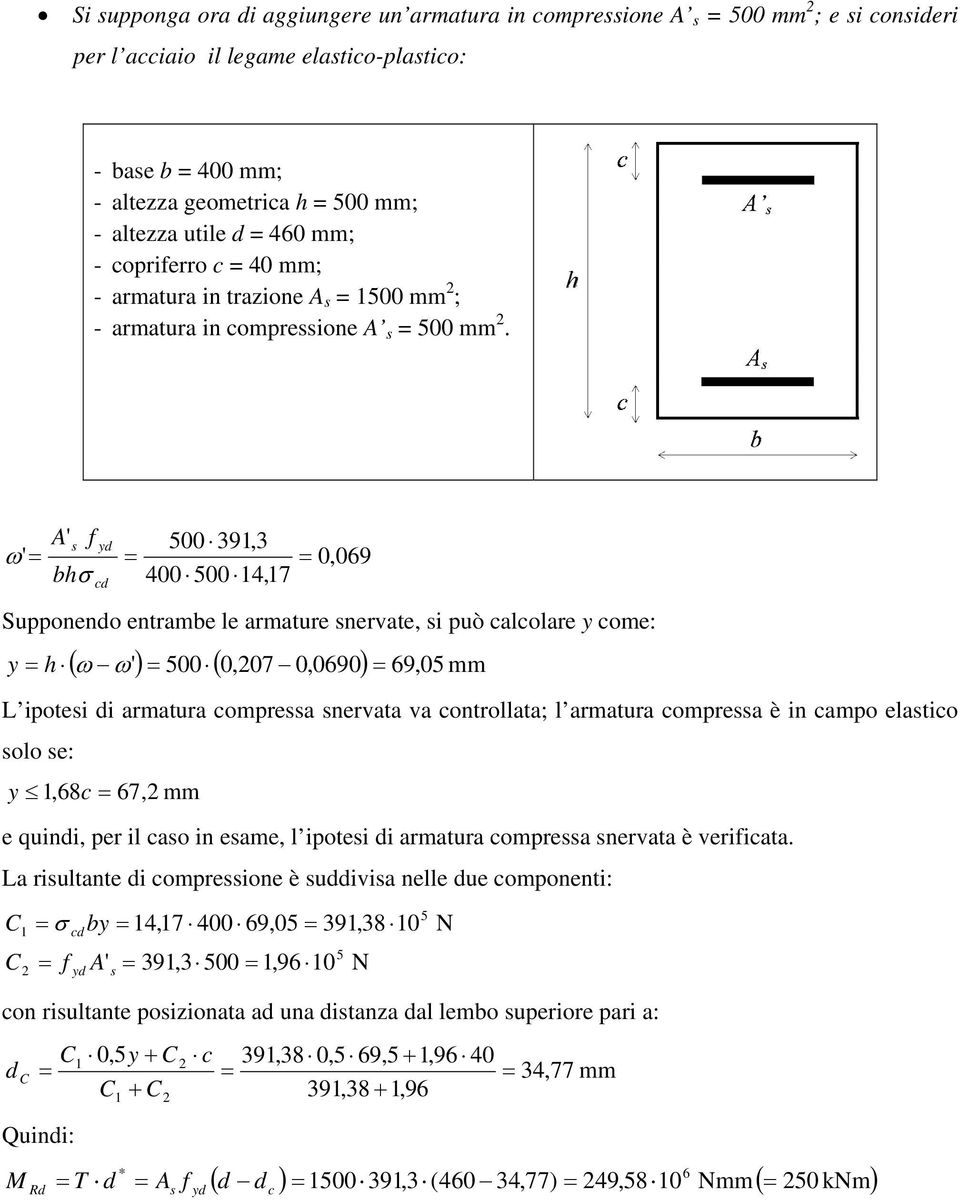 ' 500 39,3 ω ' 0,09 bσ 400 500 4,7 Supponendo entrambe le armature nervate, i può calcolare come: ( ω ') 500 ( 0,07 0,090) 9,05 mm ω L ipotei di armatura comprea nervata va controllata; l armatura