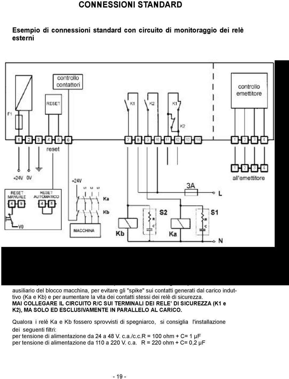 e per aumentare la vita dei contatti stessi dei relè di sicurezza. MAI COLLEGARE IL CIRCUITO R/C SUI TERMINALI DEI RELE DI SICUREZZA (K1 e K2), MA SOLO ED ESCLUSIVAMENTE IN PARALLELO AL CARICO.