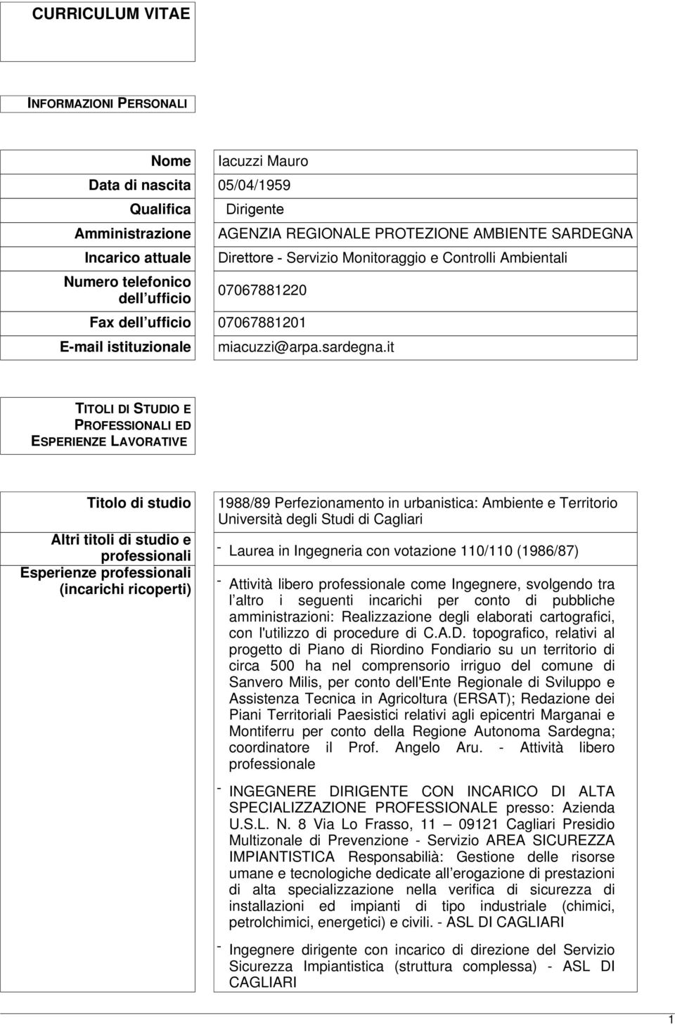 it TITOLI DI STUDIO E PROFESSIONALI ED ESPERIENZE LAVORATIVE Titolo di studio Altri titoli di studio e professionali Esperienze professionali (incarichi ricoperti) 1988/89 Perfezionamento in